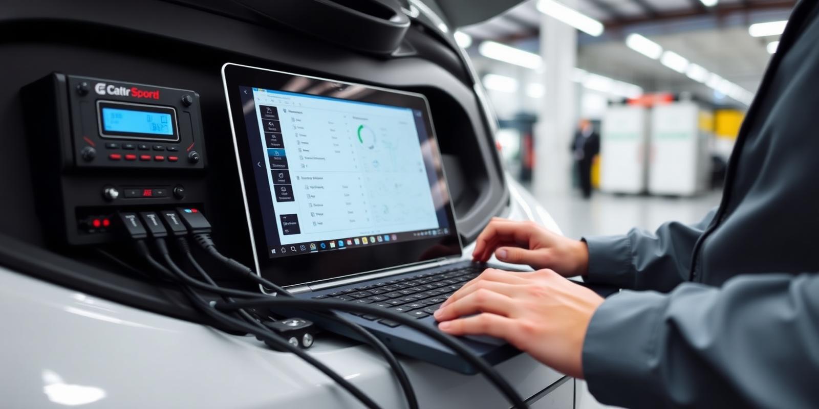 Laptop connected to an electric vehicle for diagnostics in a workshop