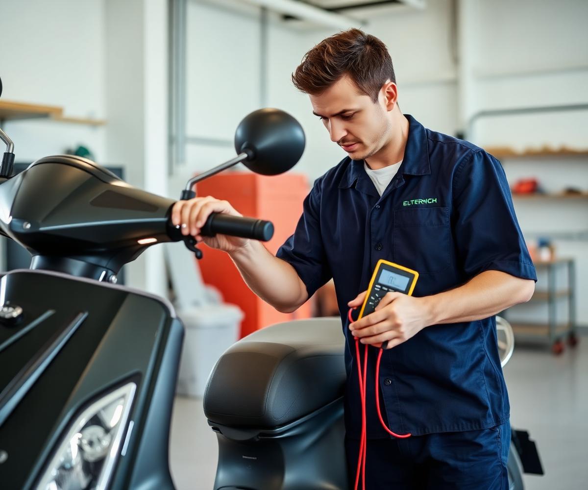 EV technician checking electrical systems of an electric scooter with a multimeter