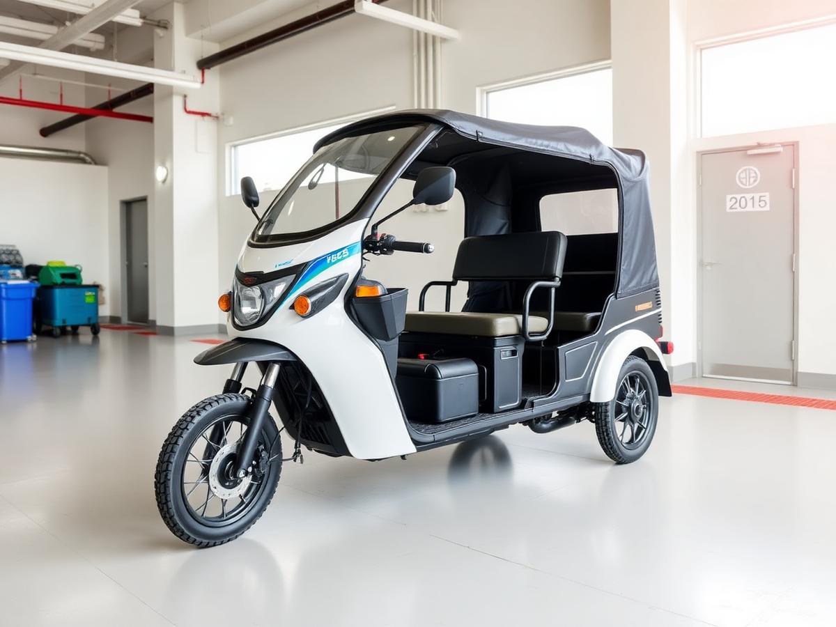 Electric three-wheeler in a bright service area