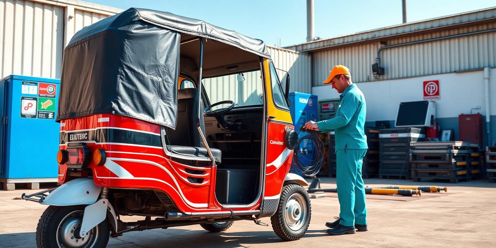 Electric rickshaw being inspected in a service yard