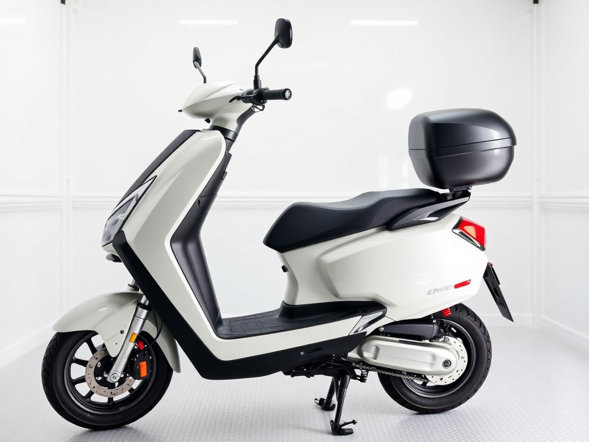 Electric scooter parked in a clean white service bay